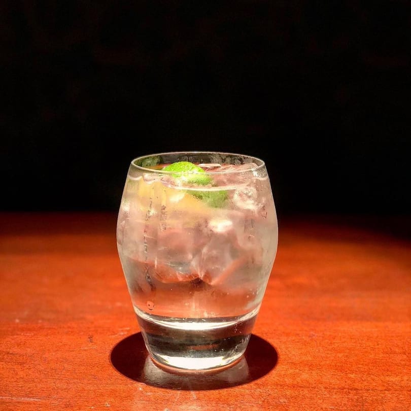 A clear glass of iced water with lime and lemon slices on a reddish-brown table.
